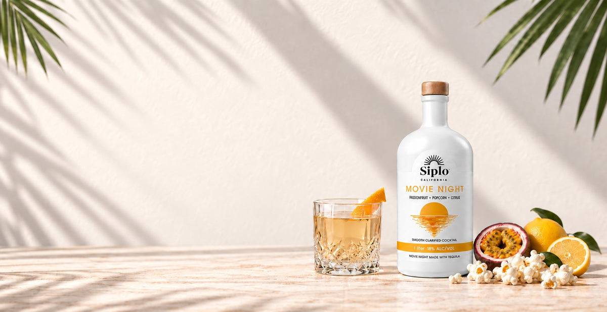Siplo Movie Night bottle with cocktail and ingredients
