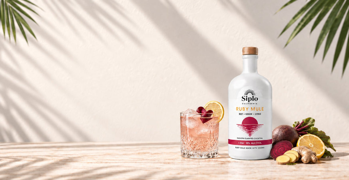 Siplo Ruby Mule bottle with cocktail and ingredients